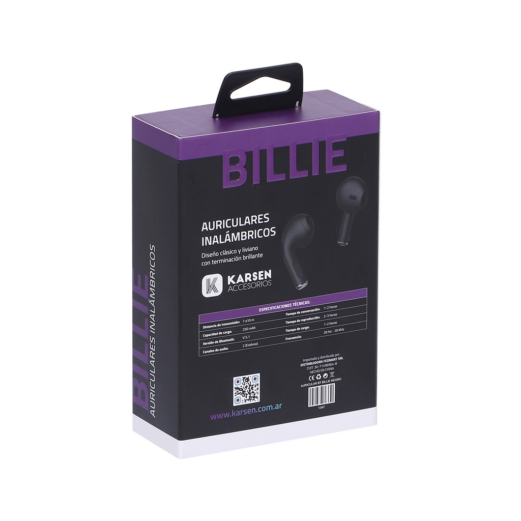 Auricular BT In Ear Billie Negro
