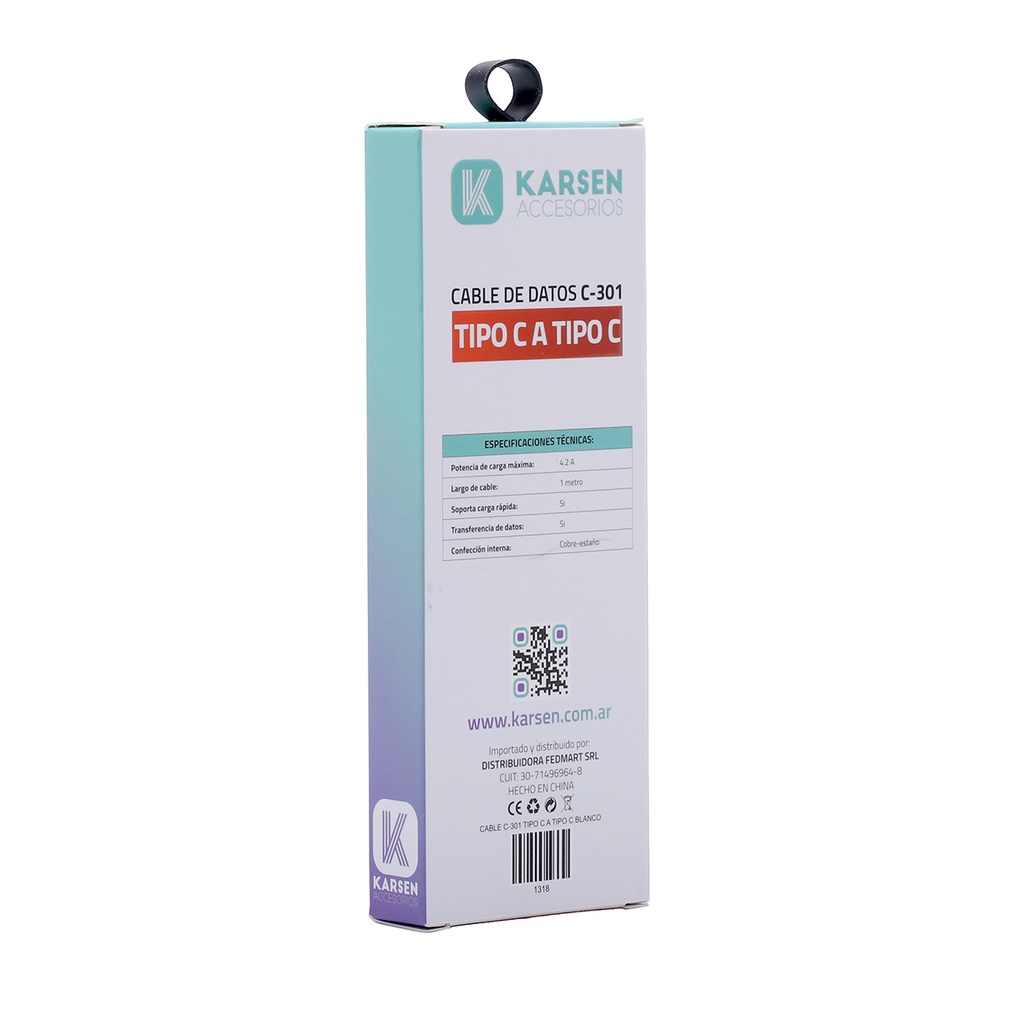 Cable datos C-301 1m Tipo C a Tipo C Blanco