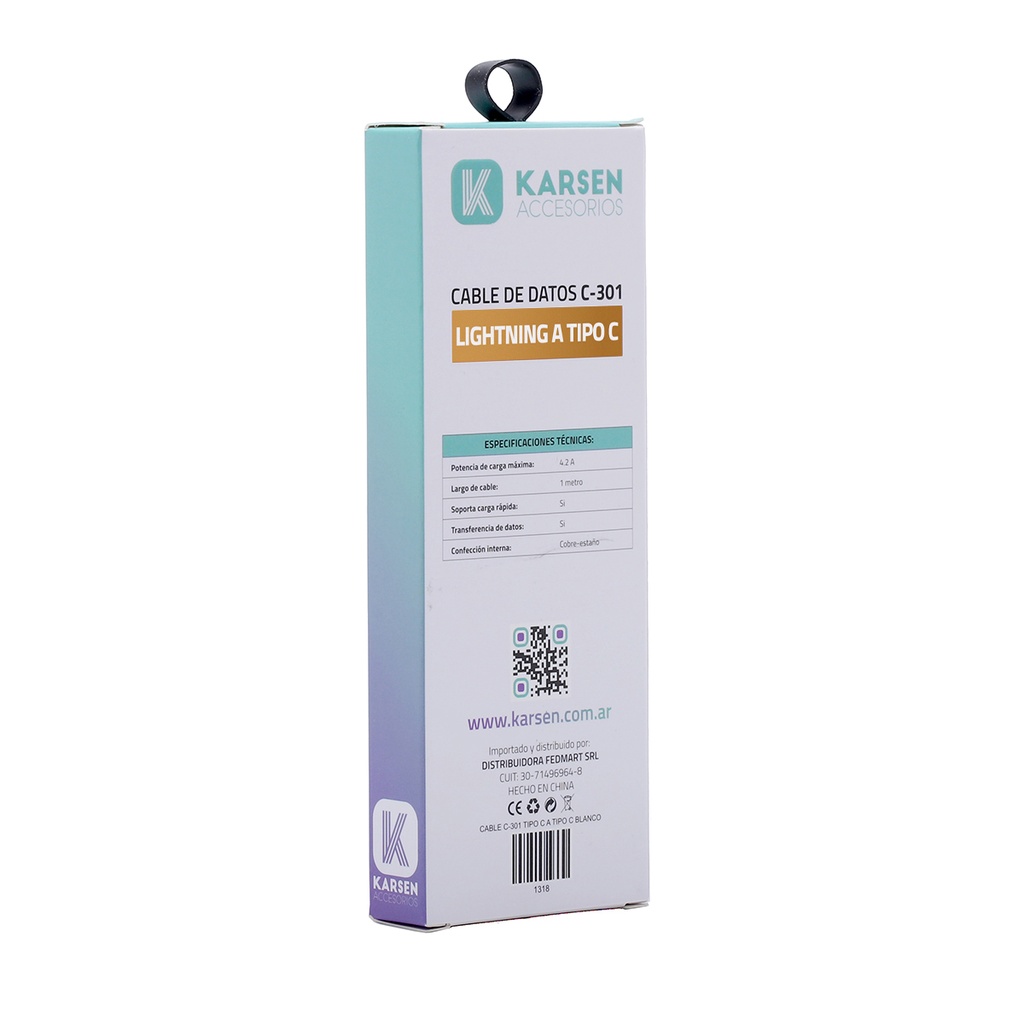 Cable datos C-301 1m Iphone a Tipo C Blanco