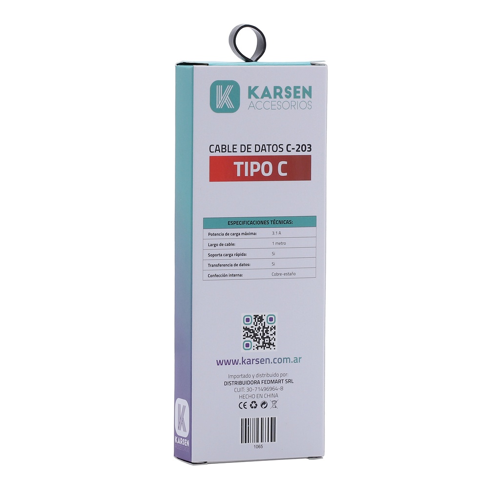 Cable datos C-203 1m Tipo C Negro