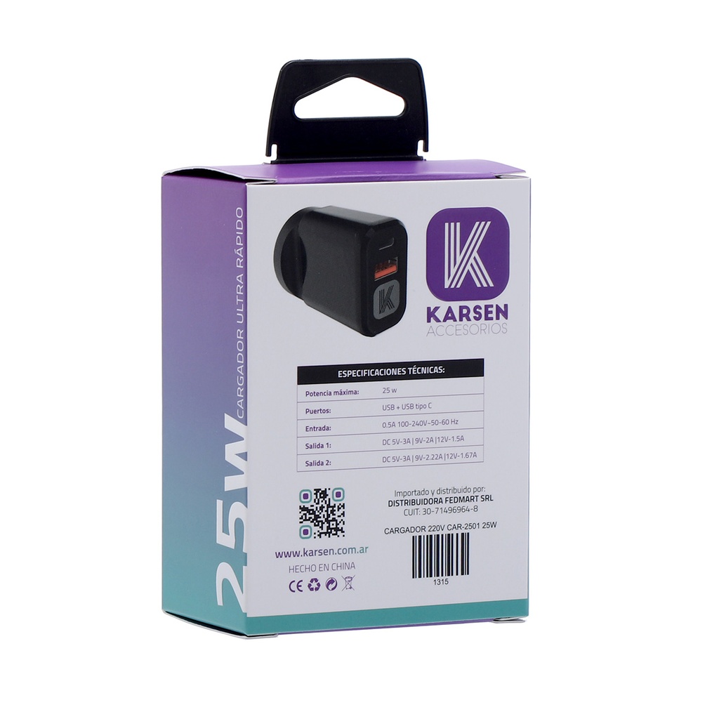 Cargador 220v 2501 25W Usb/Tipo C Negro