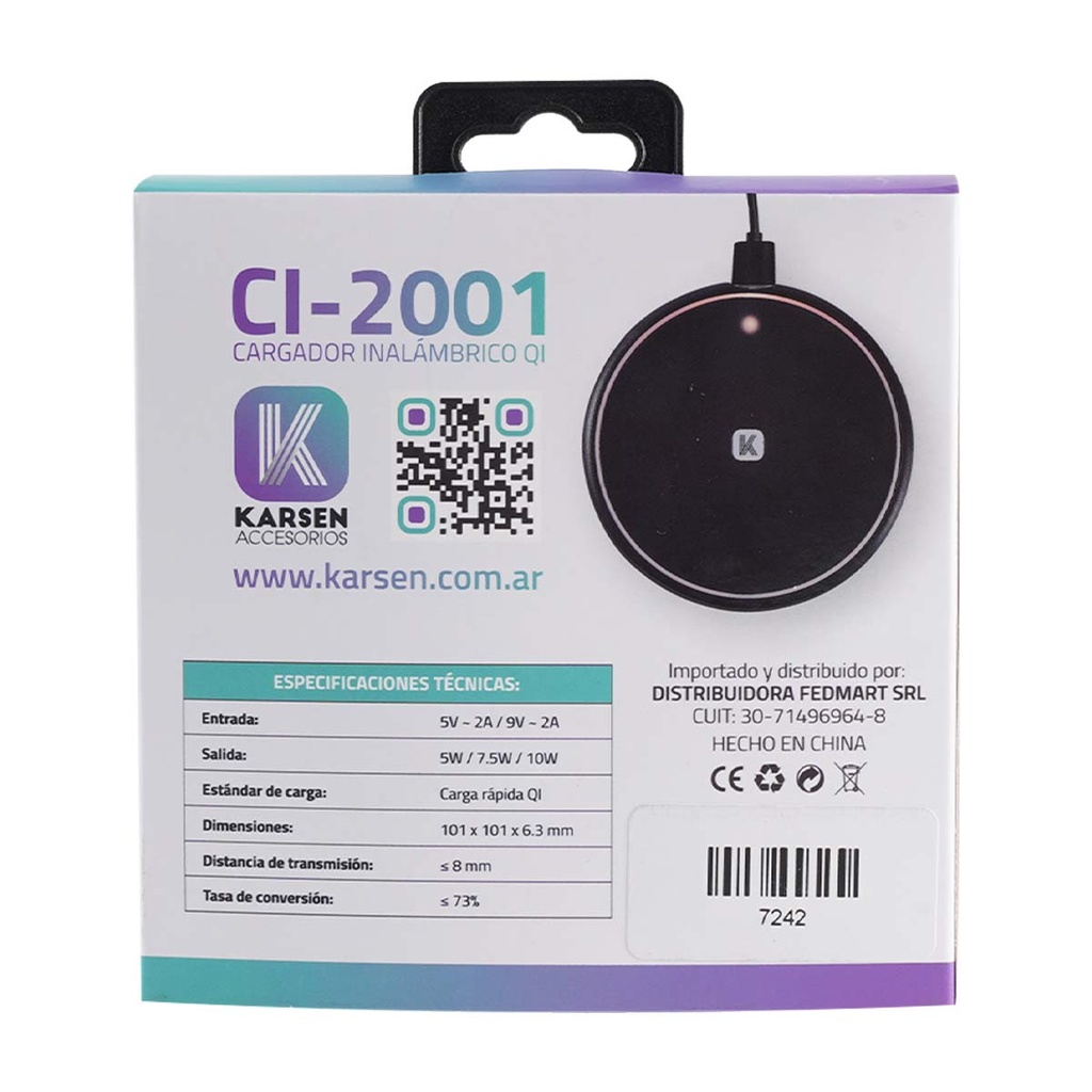 Cargador inalambrico CI-2001 10W Micro Usb Negro