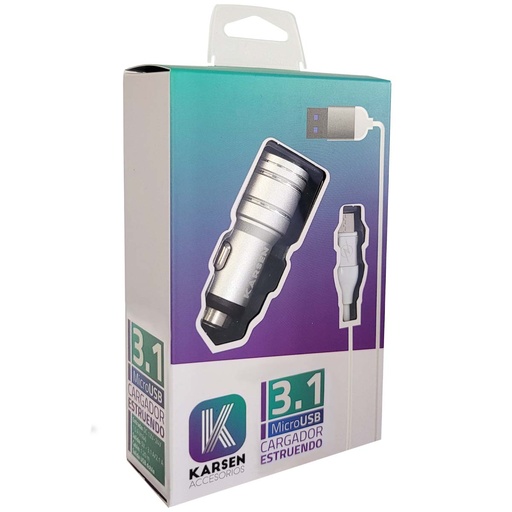 [1082] Cargador 12v Estruendo 3.1 Micro Usb Plateado